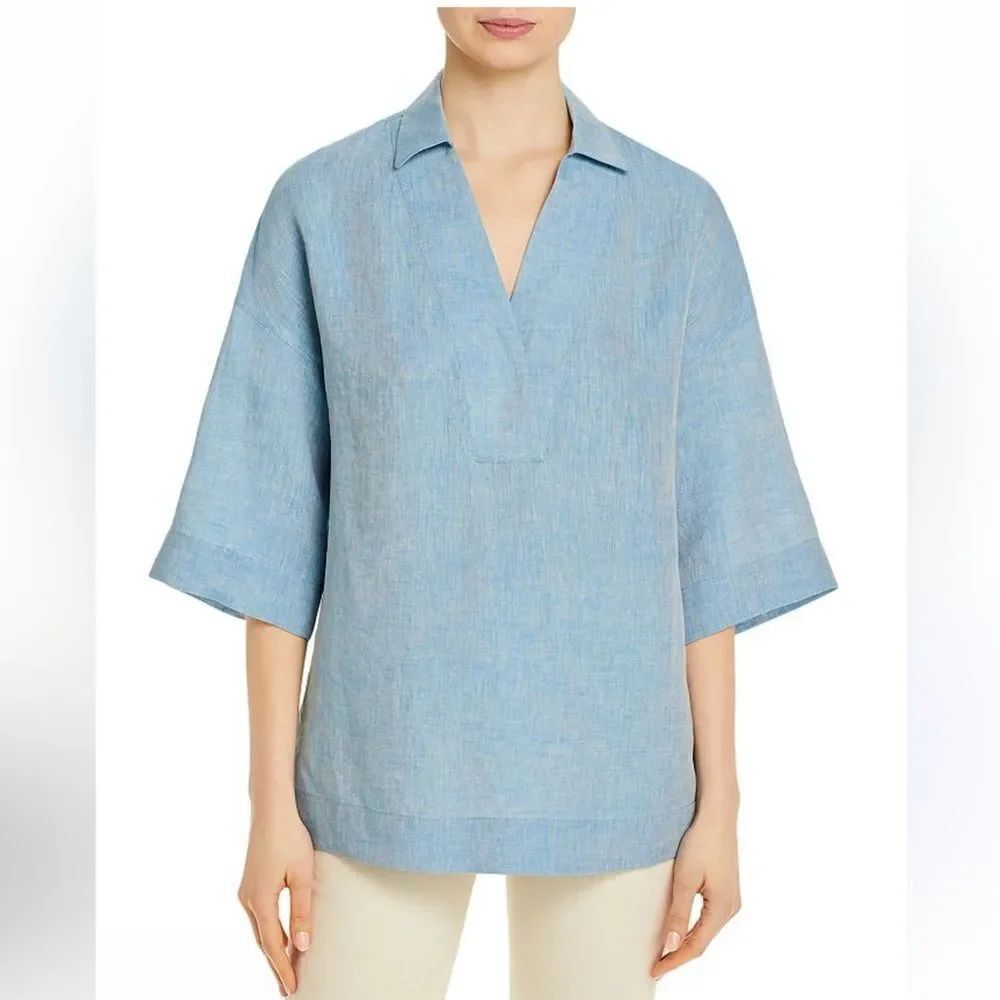 Lafayette 148 Pippen Linen Blouse in Fresh Blue